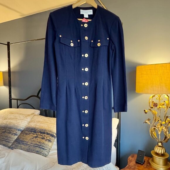 Adrienne Vittadini NWT Navy w Gold Buttons Long Sleeved Dress - Picture 2 of 16
